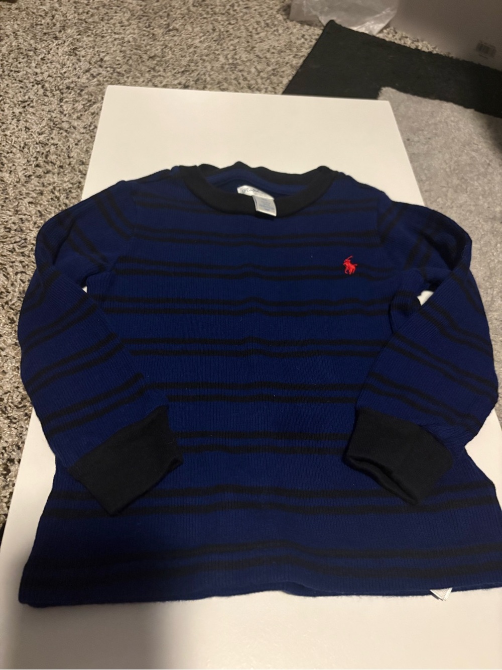 Ralph Lauren Blue and Black Striped Long Sleeve Tee with Red Pony